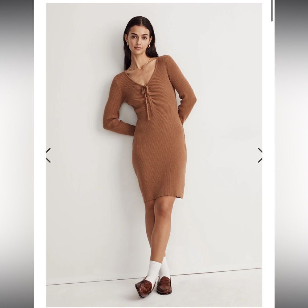 NWOT Madewell Camel Rib Knit Tie Front Dress XS